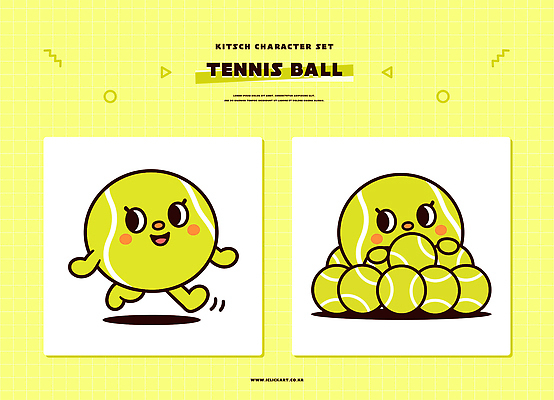 캐릭터 디자인 스포츠 일러스트 공 모션 놀이 표정 웃음 노란색 귀여움 모임 테니스 표현 테니스공 그림 단순화된 특징 키치 일러캐릭터 AI파일 컬러 컨셉 구기 테니스용품 파일형식 벡터