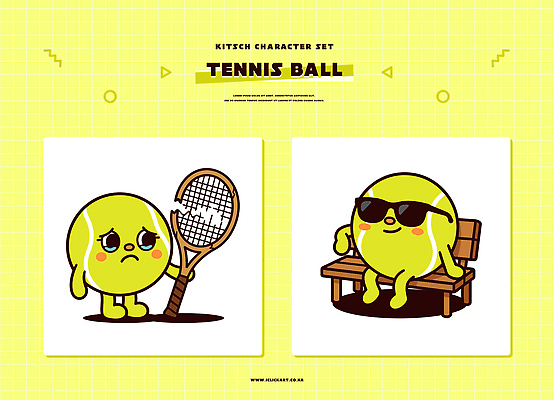 캐릭터 감정 스포츠 컬러 벤치 일러스트 놀이 웃음 선글라스 노란색 테니스 라켓 그리기 테니스공 키치 일러캐릭터 AI파일 안경 스포츠용품 컨셉 의자 공 모션 표정 구기 테니스용품 파일형식 벡터