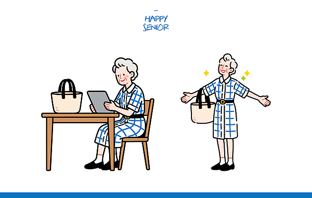 노년 행복 가방 일러스트 모션 탁자 실내 웃음 들기 앉기 취미 일상 생활 친구 실버라이프 노후 태블릿 즐거움 체크무늬 이미지 순간 국내일러스트 AI파일 라이프스타일 잡화 감정 가구 무늬 관계 표정 성인 내부 라이프 전자제품 스마트기기 파일형식 벡터