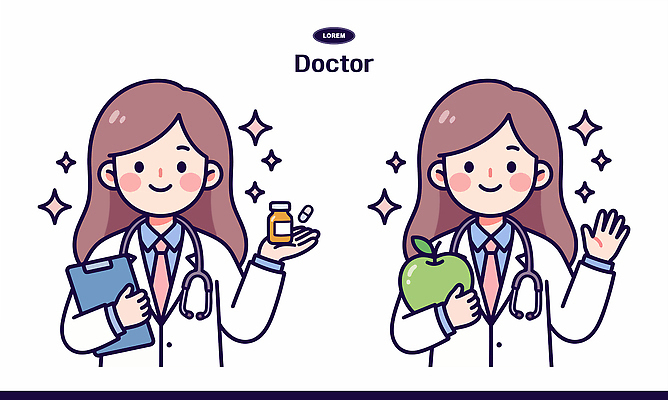 일러스트 의학 건강 실험 치료 약 환자 의사 도구 기록 사과 서비스 상담 예방 생활습관 서류판 전문 조언 증상 국내일러스트 AI파일 과일 사무용품 의료진 습관 파일형식 벡터