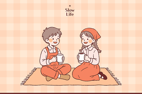 여자 남자 행복 감정 커피 음료 일러스트 가정 휴식 따뜻함 대화 초원 일상 친구 공간 시간 즐거움 소통 슬로우라이프 국내일러스트 AI파일 라이프스타일 컨셉 관계 말하기 사람 라이프 파일형식 벡터