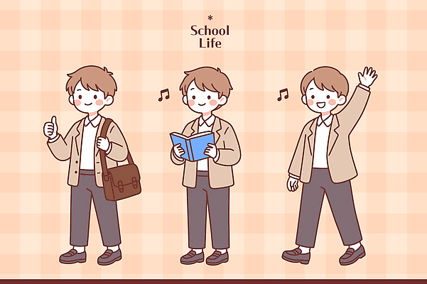 캐릭터 학생 교복 어린이 가방 일러스트 교실 학교 모션 수업 웃음 일상 생활 책 친구 표현 읽기 즐거움 신학기 장면 손흔들기 국내일러스트 AI파일 잡화 옷 교육 감정 관계 표정 사람 라이프 파일형식 벡터