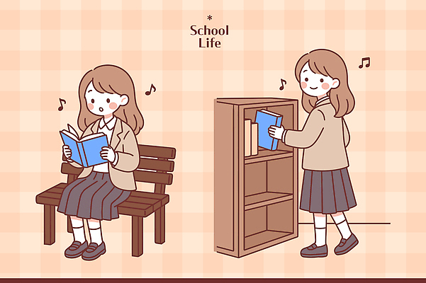 학생 여학생 교복 음악 벤치 일러스트 교실 학교 모션 책장 일상 생활 책 친구 학습 독서 만남 교양 시간 도서관 신학기 장면 정리 국내일러스트 AI파일 옷 여자 교육 가구 컨셉 의자 관계 문화예술 라이프 파일형식 벡터