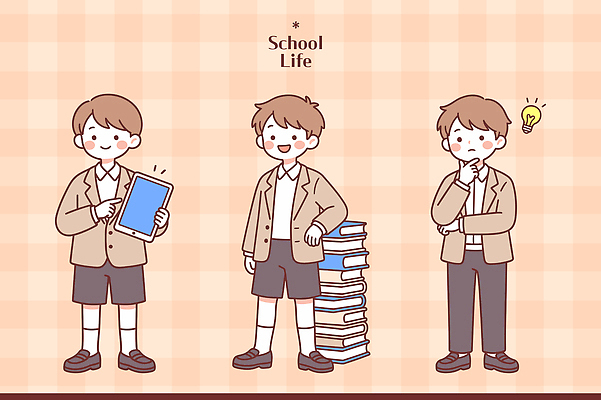 학생 교육 교복 일러스트 교실 학교 모션 수업 초등학교 책 여름 친구 학습 태블릿 독서 자료 집중 신학기 중학교 소통 국내일러스트 AI파일 옷 계절 컨셉 관계 전자제품 스마트기기 파일형식 벡터