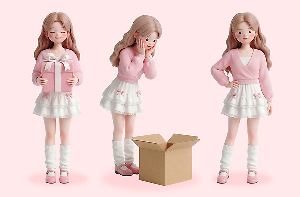 PSD 모델 편집이미지 캐릭터 패션 인형 분홍색 표정 선물 소녀 쇼핑 상자 세일 귀여움 놀람 기쁨 스웨터 스타일 편집3D 여자 감정 어린이 컬러 컨셉 상의 3D 파일형식