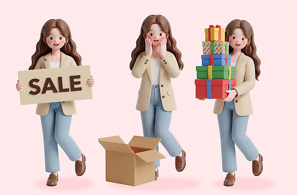 PSD 모델 편집이미지 캐릭터 여자 백그라운드 선물 이벤트 쇼핑 상자 세일 상점 기쁨 표지판 즐거움 편집3D 감정 알림판 사람 3D 파일형식