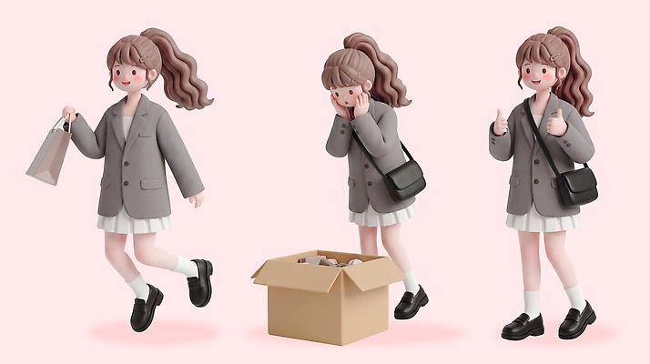 PSD 모델 편집이미지 캐릭터 여자 가방 표정 친구 쇼핑 상자 세일 걷기 놀람 확인 상쾌 스타일 편집3D 잡화 감정 관계 모션 사람 3D 파일형식