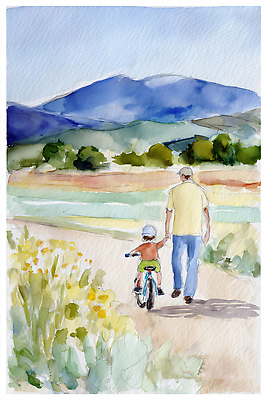 JPG 어린이 일러스트 가족 자연 산 함께함 풍경 초원 소풍 걷기 손잡기 자전거 물감 자녀 아빠 그림 오후 풍경화 국내일러스트 AI일러스트 AI콘텐츠 컨셉 관계 모션 사람 야외활동 바이크 미술도구 생태계 파일형식