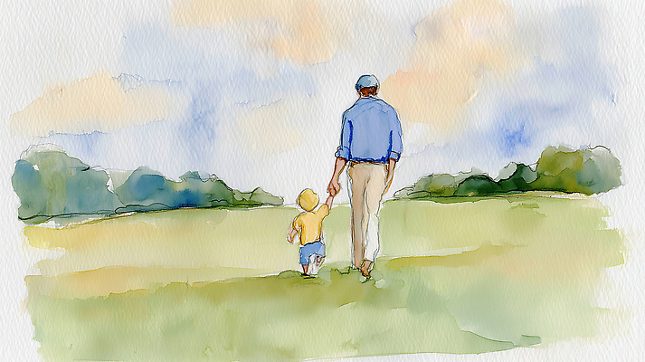 JPG 손 아들 어린이 일러스트 가족 관계 자연 하늘 함께함 풍경 초원 일상 초록색 걷기 손잡기 산책 성장 아빠 즐거움 외출 동행 국내일러스트 AI일러스트 AI콘텐츠 감정 컬러 컨셉 모션 휴식 사람 라이프 신체부위 생태계 파일형식