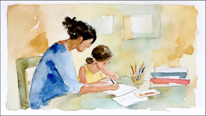 JPG 교육 딸 예술 일러스트 가족 모션 엄마 색연필 함께함 따뜻함 경고 학습 물감 공간 도구 시간 작업 집중 책상 그림 창의력 국내일러스트 AI일러스트 AI콘텐츠 가구 컨셉 관계 학용품 미술도구 파일형식