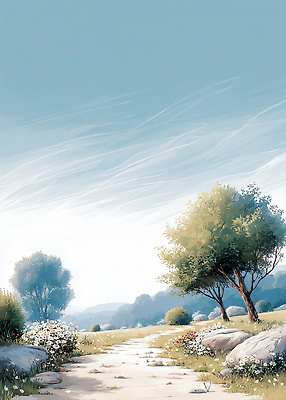 JPG 나무 식물 계절 꽃 길 일러스트 자연 하늘 바람 풍경 초원 여름 태양 소리 지평선 뷰티풀 국내일러스트 AI일러스트 AI콘텐츠 자연요소 날씨 생태계 파일형식