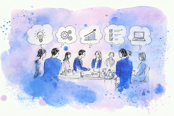 JPG 생각 일러스트 비즈니스 탁자 회의 커뮤니케이션 협력 아이디어 대화 여러명 그래픽 작업 발전 계획 토론 집중 분석 과제 문제해결 국내일러스트 AI일러스트 AI콘텐츠 가구 다수 컨셉 말하기 사람 파일형식