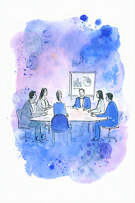 컨셉 비즈니스 사람 파일형식 AI콘텐츠 회의 발표 남자 여자 그래프 집중 이야기 토론 회의실 협력 소통 계획 아이디어 전략 자료 정보 국내일러스트 일러스트 JPG AI일러스트