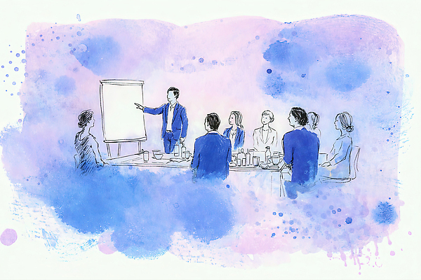 JPG 일러스트 비즈니스 회의 협력 아이디어 직장 대화 여러명 듣기 정보 시간 발표 그룹 계획 토론 회의실 전략 서류판 전문 상호작용 국내일러스트 AI일러스트 AI콘텐츠 다수 컨셉 회사 모션 말하기 사람 사무용품 파일형식