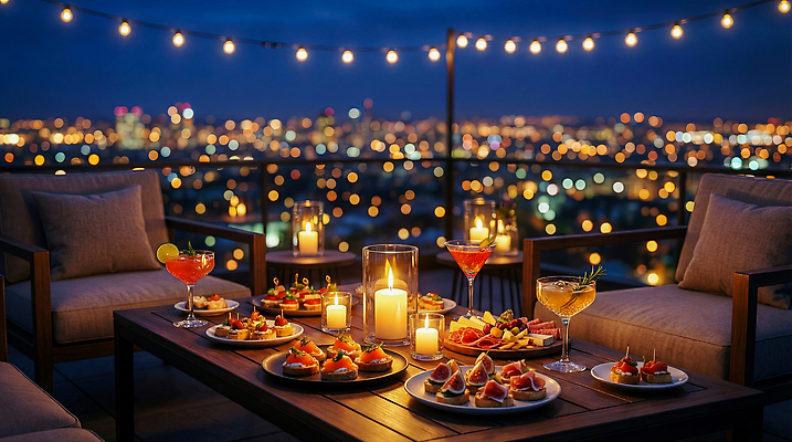 JPG 편집이미지 음료 음식 야경 자연 조명 파티 식사 일몰 모임 발코니 도시 분위기 저녁 즐거움 루프탑 편집실사 AI컴퓨터그래픽 AI콘텐츠 감정 컨셉 풍경 이벤트 노을 밤 야간 CG 생태계 파일형식