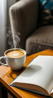 JPG 편집이미지 커피 음료 의자 탁자 따뜻함 일상 책 소파 독서 카페 찻집 오브젝트 향기 오후 편집실사 AI포토 AI콘텐츠 가구 라이프 상점 CG 냄새 파일형식