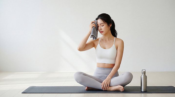 JPG 편집이미지 여자 포즈 신체 요가 실내 건강 운동복 수건 운동 스트레칭 매트 시간 물병 집중 땀 의료성형뷰티 편집실사 AI인물포토 AI콘텐츠 웰빙 옷 컨셉 사람 내부 위생용품 물통 CG 파일형식 AI포토