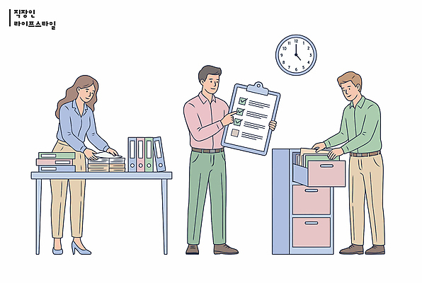 여자 남자 일러스트 탁자 직장 관리 일상 사무실 자료 시간 업무 작업 직장인 사무원 조직 확인 서랍장 문서 파일 정리 오후 체크리스트 국내일러스트 AI파일 직업 가구 회사 비즈니스 사람 라이프 파일형식 벡터