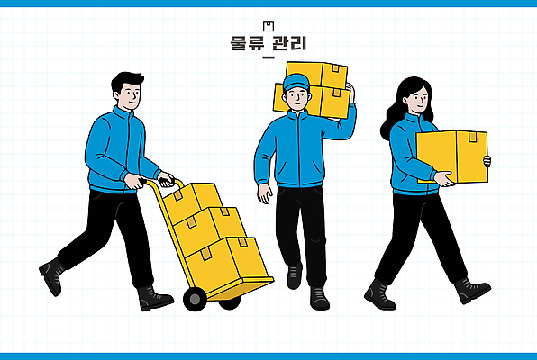 일러스트 협력 실내 관리 상자 수레 운송업 업무 작업 운반 제조 배송 창고 직원 정리 물류 물류창고 분류 분배 물류센터 국내일러스트 AI파일 산업 내부 카트 파일형식 벡터