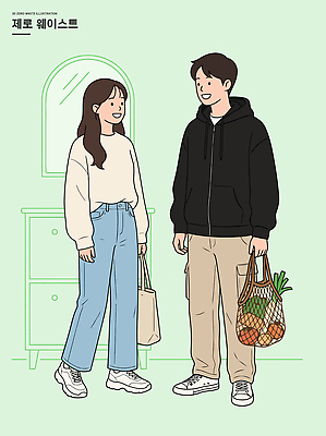 여자 남자 감정 과일 일러스트 거리 대화 일상 생활 캐주얼 친구 쇼핑 장보기 쇼핑백 만남 도시 친환경 소통 스타일 제로웨이스트 국내일러스트 AI파일 옷 컨셉 가방 관계 말하기 사람 라이프 환경 그린캠페인 사회이슈 파일형식 벡터