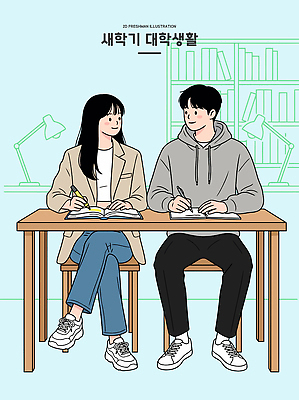 여학생 남학생 대학생 일러스트 학교 수업 대학생라이프 책장 실험 대화 친구 학습 필기구 공책 책상 대학교 후드티셔츠 쉬는시간 개강 국내일러스트 AI파일 학생 라이프스타일 여자 교육 남자 가구 티셔츠 관계 휴식 문구용품 말하기 파일형식 벡터