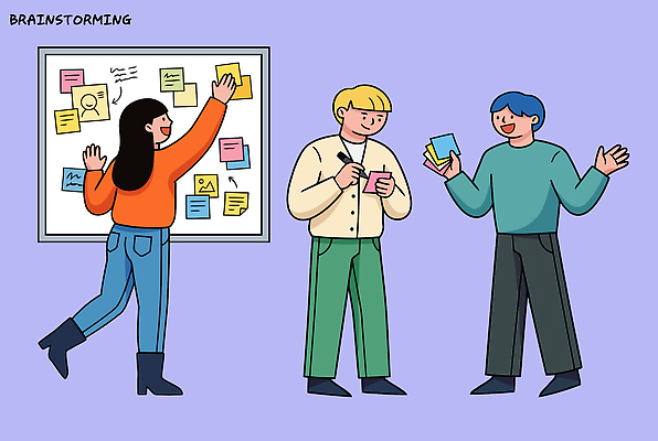 다수 컨셉 비즈니스 사람 손짓 사무용품 메모지 파일형식 벡터 브레인스토밍 아이디어 포스트잇 공유 여러명 가리킴 토론 디자인 사무실 협력 기록 회의 계획 창의성 생각 프로젝트 작업 그림 국내일러스트 일러스트 AI파일