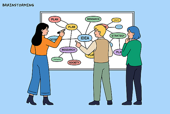 디자인 생각 일러스트 회의 아이디어 실험 사람 펜 스크린 공책 정보 도구 표현 그룹 계획 전략 의견 소통 브레인스토밍 국내일러스트 AI파일 컨셉 비즈니스 문구용품 필기구 파일형식 벡터