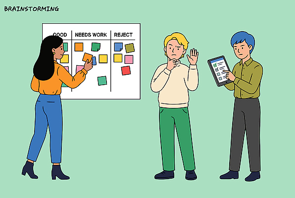 일러스트 회의 협력 아이디어 직장 사람 태블릿 사무실 작업 결과 계획 집중 포스트잇 만들기 정리 전략 의견 소통 브레인스토밍 국내일러스트 AI파일 컨셉 회사 비즈니스 모션 전자제품 스마트기기 메모지 파일형식 벡터