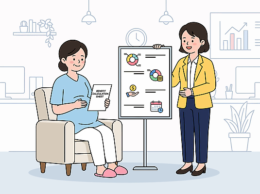 여자 일러스트 비즈니스 회의 커뮤니케이션 대화 설명 사무실 자료 임산부 정보 업무 계산 전문직 직원 상담 시트 서류판 육아휴직 혜택 국내일러스트 AI파일 직업 모션 휴가 말하기 사람 사무용품 임신 작업 파일형식 벡터