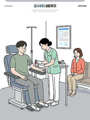 일러스트 의학 의료기기 건강 병원 치료 진료 환자 간호사 의사 간호 검사_조사 상담 대기실 혈액검사 국내일러스트 AI파일 공간 의료진 파일형식 벡터
