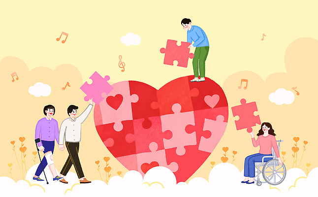 PSD 행복 감정 음악 상징 조각 백그라운드 프로포즈 일러스트 모션 협력 사랑 여러명 노란색 하트 퍼즐 장애인 휠체어 긍정 나눔 국내일러스트 모양 컬러 다수 컨셉 문화예술 사람 장애 파일형식