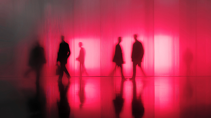 JPG 편집이미지 실루엣 분홍색 백그라운드 모션 실내 대화 그림자 사람 빨간색 빛 반사 걷기 도시 속도 장면 스타일 이미지편집 AI컴퓨터그래픽 AI콘텐츠 컬러 촬영기법 말하기 내부 파일형식