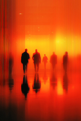 JPG 편집이미지 실루엣 컬러 그림자 사람 여러명 빛 반사 걷기 환경 주황색 공간 시간 속도 광장 이미지편집 AI컴퓨터그래픽 AI콘텐츠 다수 모션 촬영기법 파일형식