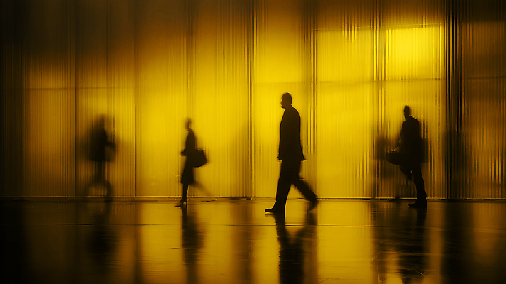 JPG 편집이미지 실루엣 이동 비즈니스 모션 조명 바닥 사람 사무실 반사 노란색 걷기 공간 업무 중앙 속도 출근 이미지편집 AI컴퓨터그래픽 AI콘텐츠 컬러 컨셉 촬영기법 작업 출퇴근 파일형식