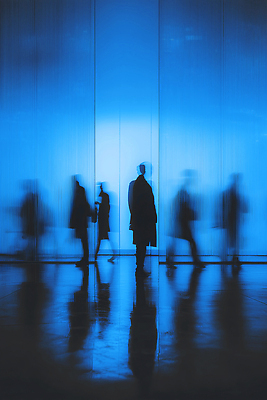 JPG 편집이미지 실루엣 백그라운드 사람 파란색 촬영 공간 모임 흐름 도시 시간 저녁 속도 지나가기 이미지편집 AI컴퓨터그래픽 AI콘텐츠 컬러 컨셉 모션 촬영기법 야간 파일형식