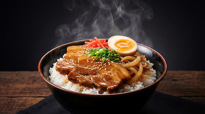 JPG 편집이미지 한식 재료 밥 양파 요리 주방 계란 식사 닭고기 고명 저녁 덮밥 채식 간장 편집실사 AI포토 AI콘텐츠 부타동 음식 채소 육류 알 양념 야간 CG 일본음식 파일형식