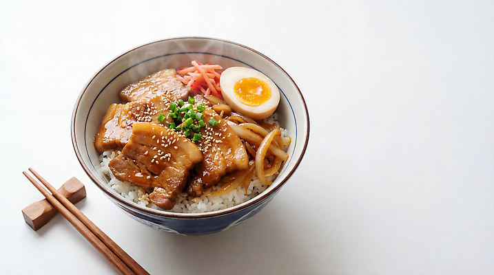 JPG 편집이미지 그릇 한식 음식 채소 젓가락 식탁 밥 육류 요리 계란 간장 밥그릇 참깨 편집실사 AI포토 AI콘텐츠 부타동 식기 식재료 탁자 수저 알 양념 CG 깨 일본음식 파일형식