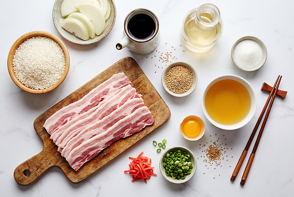 JPG 편집이미지 채소 재료 밥 양파 마늘 육류 돼지고기 요리 주방 식용유 설탕 파 생강 참깨 편집실사 AI포토 AI콘텐츠 부타동 음식 식재료 기름_음식 CG 깨 일본음식 파일형식