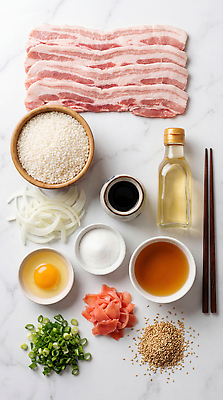 JPG 편집이미지 재료 양파 돼지고기 요리 주방 계란 쌀 설탕 준비 간장 파 점검 참깨 편집실사 AI포토 AI콘텐츠 부타동 채소 곡류 육류 알 양념 CG 덮밥 깨 일본음식 파일형식