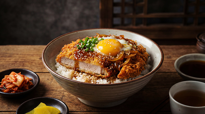 식기 음식 채소 탁자 계란 커틀릿 야간 CG 절임 일본음식 파일형식 AI콘텐츠 돈가스 밥 그릇 피클 식탁 요리 양파 노른자 점심 저녁 식사 편집실사 편집이미지 JPG 가쯔돈 AI포토