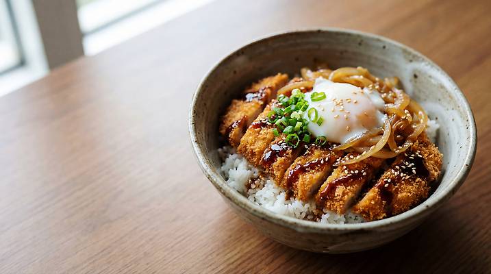 JPG 편집이미지 그릇 음식 밥 양파 요리 계란 식사 양념 돈가스 가쯔돈 나무탁자 일본음식 편집실사 AI포토 AI콘텐츠 식기 채소 탁자 알 커틀릿 CG 파일형식