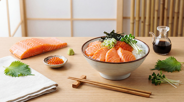 JPG 편집이미지 그릇 재료 방울토마토 식탁 양파 요리 식사 초밥 고추냉이 간장 연어 일본음식 연어덮밥 편집실사 AI포토 AI콘텐츠 식기 음식 토마토 채소 탁자 어류 양념 CG 파일형식