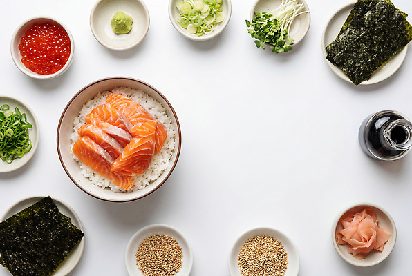 JPG 편집이미지 재료 식탁 밥 양파 요리 주방 초밥 샐러드 김 고추냉이 연어 파 연어덮밥 편집실사 AI포토 AI콘텐츠 음식 채소 탁자 어류 양념 해조류 CG 일본음식 파일형식