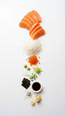 JPG 편집이미지 음식 재료 밥 요리 초밥 샐러드 김 고추냉이 간장 일렬 생강 쪽파 생선알 연어덮밥 생연어 편집실사 AI포토 AI콘텐츠 채소 알 양념 해조류 CG 연어 파 일본음식 파일형식