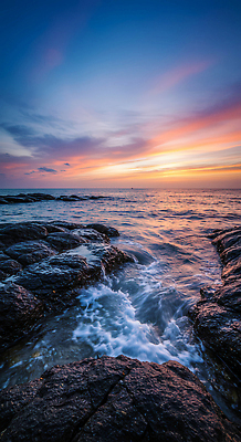 JPG 편집이미지 파도 바다 자연 하늘 풍경 해변 물 마을 노을 일몰 조약돌 수면 편집실사 AI컴퓨터그래픽 AI콘텐츠 자연요소 돌_바위 CG 생태계 파일형식