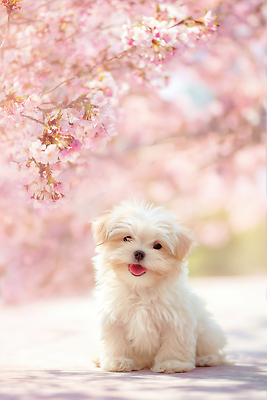 JPG 나무 동물 편집이미지 꽃 자연 털 웃음 앉기 봄 벚꽃 강아지 편집실사 AI컴퓨터그래픽 AI콘텐츠 식물 계절 모션 표정 반려동물 개 CG 생태계 파일형식