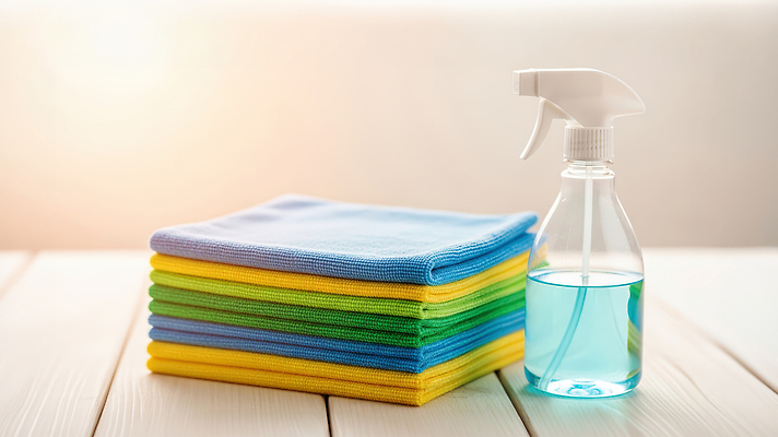 JPG 편집이미지 컬러 가정 일상 수건 주방 깨끗함 욕실 청소도구 청소 오브젝트 준비 스프레이 먼지 정리 소독 편집실사 AI포토 AI콘텐츠 컨셉 라이프 위생용품 도구 CG 파일형식