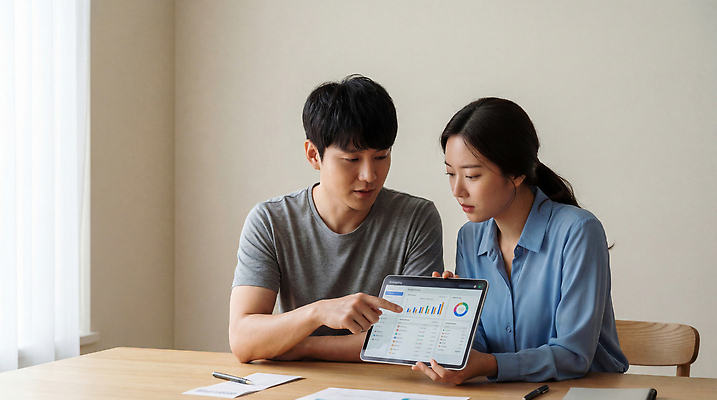 JPG 편집이미지 여자 남자 비즈니스 탁자 회의 그래프 이야기 대화 사무실 스크린 자료 스마트 집중 분석 자산관리 가계부 서류판 의료성형뷰티 편집실사 AI인물포토 AI콘텐츠 가구 컨셉 말하기 사람 경제 사무용품 CG 파일형식 AI포토