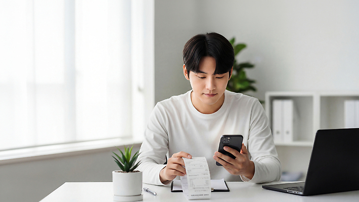 JPG 식물 편집이미지 남자 탁자 노트북 스마트폰 사무실 디지털 메모지 작업 사무 스마트 집중 책상 확인 영수증 자산관리 가계부 의료성형뷰티 편집실사 AI인물포토 AI콘텐츠 가구 컨셉 비즈니스 사람 금융 경제 전자제품 핸드폰 스마트기기 사무용품 업무 CG 파일형식 AI포토