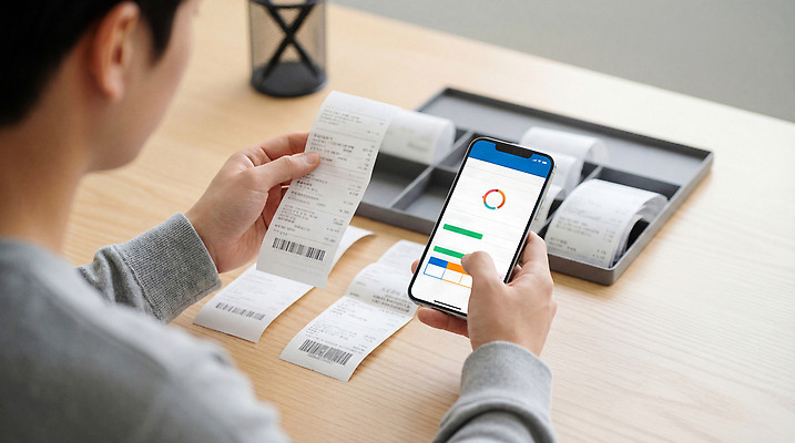 JPG 편집이미지 남자 탁자 모바일 기술 관리 생활 스마트폰 기록 어플리케이션 스마트 정리 영수증 자산관리 가계부 스캔 재정 의료성형뷰티 비용 편집실사 AI인물포토 AI콘텐츠 가구 컨셉 사람 금융 경제 핸드폰 스마트기기 CG 파일형식 AI포토
